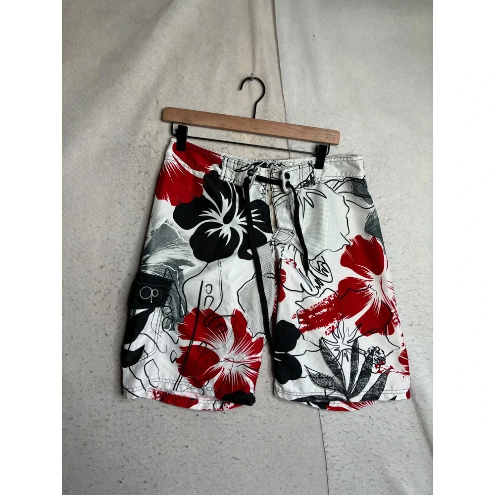 OP Ocean Pacific Mens Board Shorts Size 30 Red Black White Floral Swim Trunks